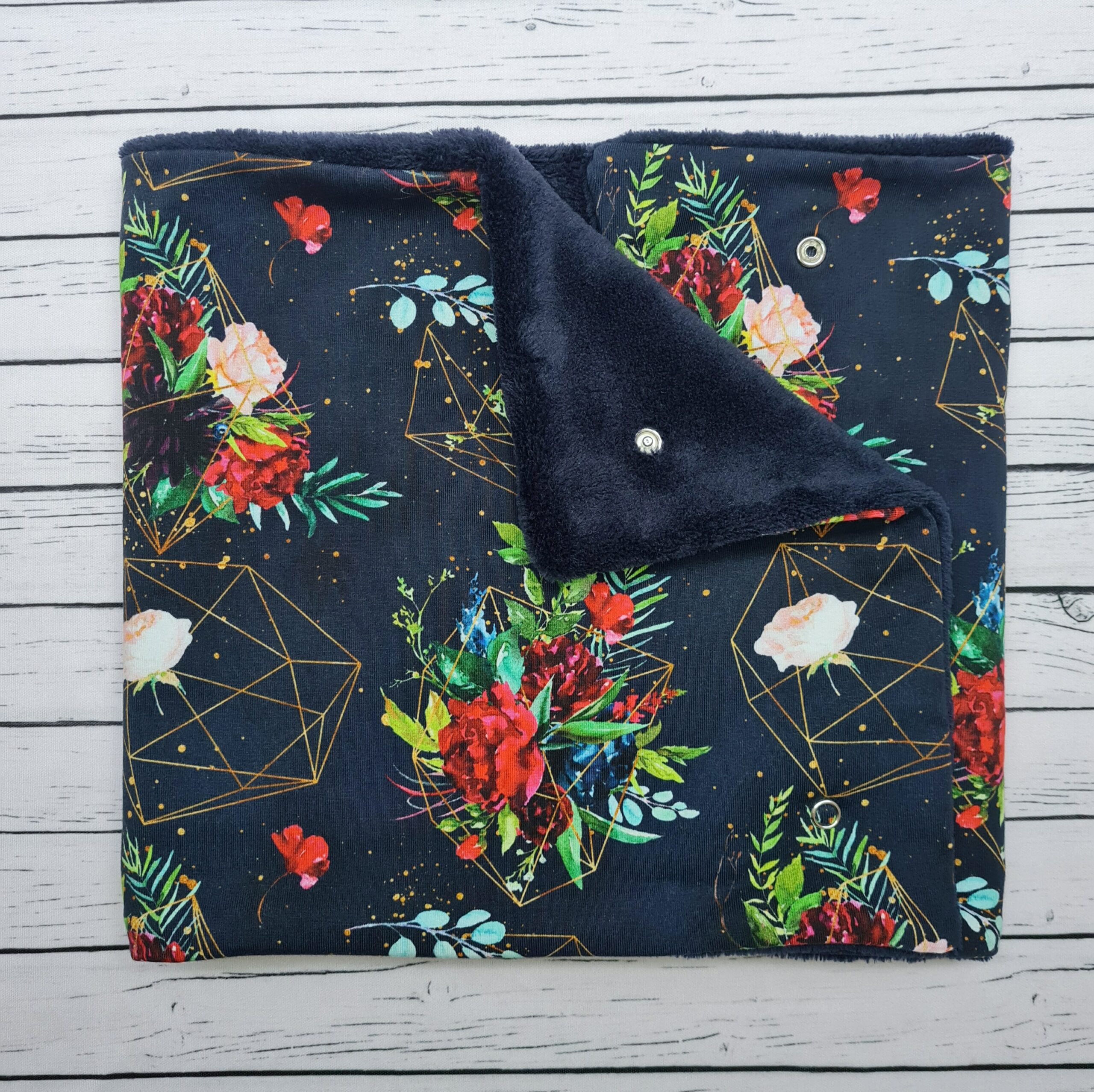 Popper Snood for Grown ups - Geometric and Roses on Navy blue